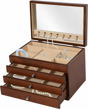 4-Tier Wooden Jewellery Box Vintage Velvet Jewelry Storage Case Organizer with Mirror&3 Drawers Women Girls Jewelry Box for Ring Necklace Earring Bracelet (4-Tier,w/Mirror)