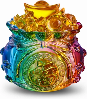 4inch Colorful Crystal Treasure Basin with Golden Ingot/Yuan Bao Glass Wealth Money Bag Feng Shui Statue for Home Office Decor Housewarming Gift, Cornucopia