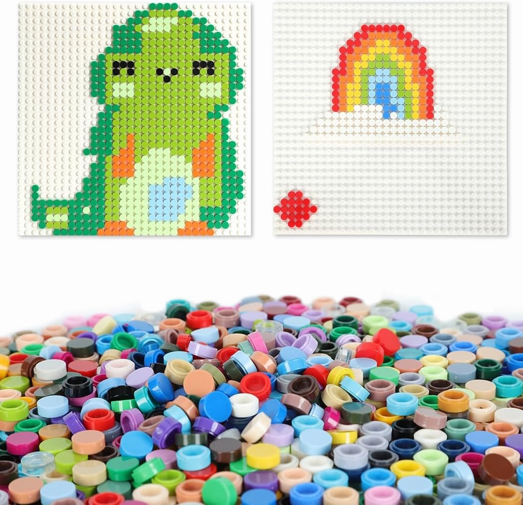 5400PCS Pixel Bricks, 1X1 Round Plates - 54 Colors Building Blocks Parts and Pieces with 2 Pack 10”x10” White Peel-and-Stick Building Baseplates - Pixel Arts Dots Bulk Studs Accessories Kit