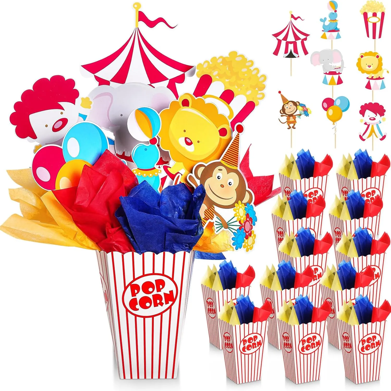 6 Sets Circus Carnival Party Centerpieces Decorations Circus Theme Table Toppers with Popcorn Box Circus Carnival Cutouts and Sticks for Carnival Party Birthday Decor Supplies