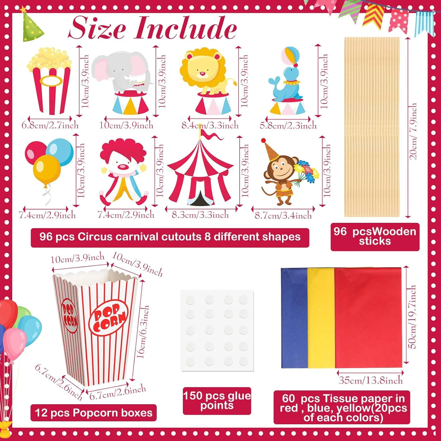 6 Sets Circus Carnival Party Centerpieces Decorations Circus Theme Table Toppers with Popcorn Box Circus Carnival Cutouts and Sticks for Carnival Party Birthday Decor Supplies