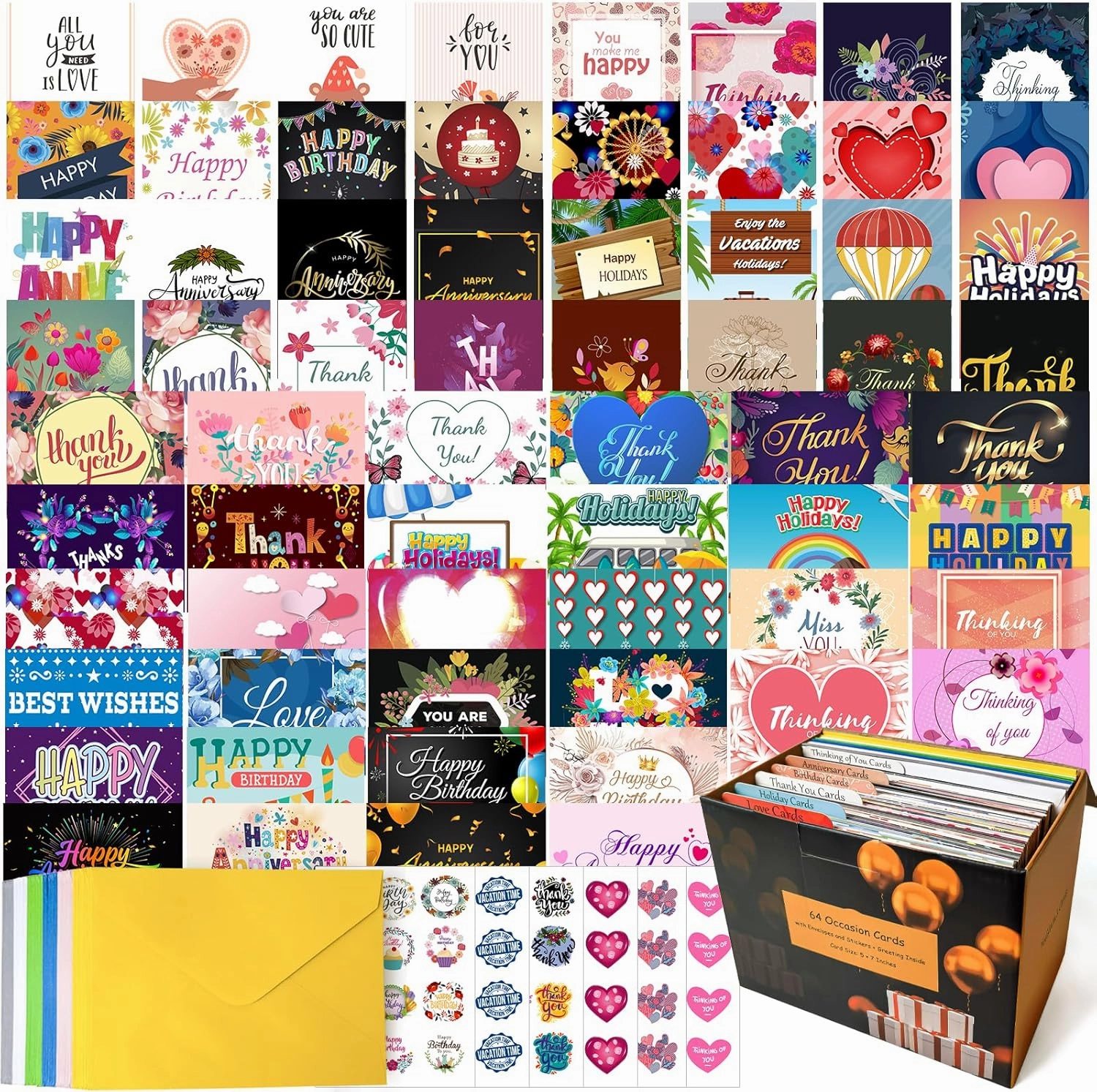 64 All Occasion Cards Assortment Box with Envelopes and Stickers, 4×6 Inch Assorted Greeting Cards for All Occasions - Birthday, Holiday, Love, Anniversary, Thinking of You, Thank You Cards Blank Inside