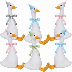 6 Set One Silly Goose Birthday Decor 1st Baby Shower Party Favor 11.8 Inch White Geese Plush Stuffed Animal with Mini Party Hats and Pink Blue Green Gray Ribbons for Kids Gift(Cute Goose)