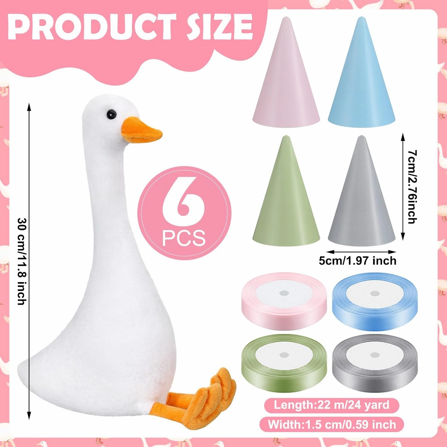 6 Set One Silly Goose Birthday Decor 1st Baby Shower Party Favor 11.8 Inch White Geese Plush Stuffed Animal with Mini Party Hats and Pink Blue Green Gray Ribbons for Kids Gift(Cute Goose)