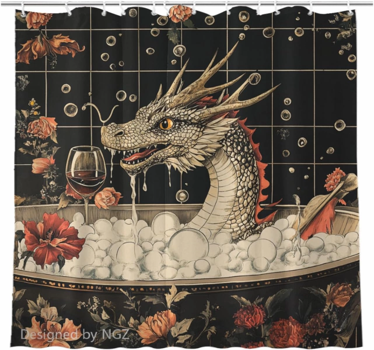 72x72 Inche Black Fabric Shower Curtain, Cute Dragon with Flowers Shower Curtains for Bathroom, SPA Bubble Bath Covered Bath Curtains Set with Hooks