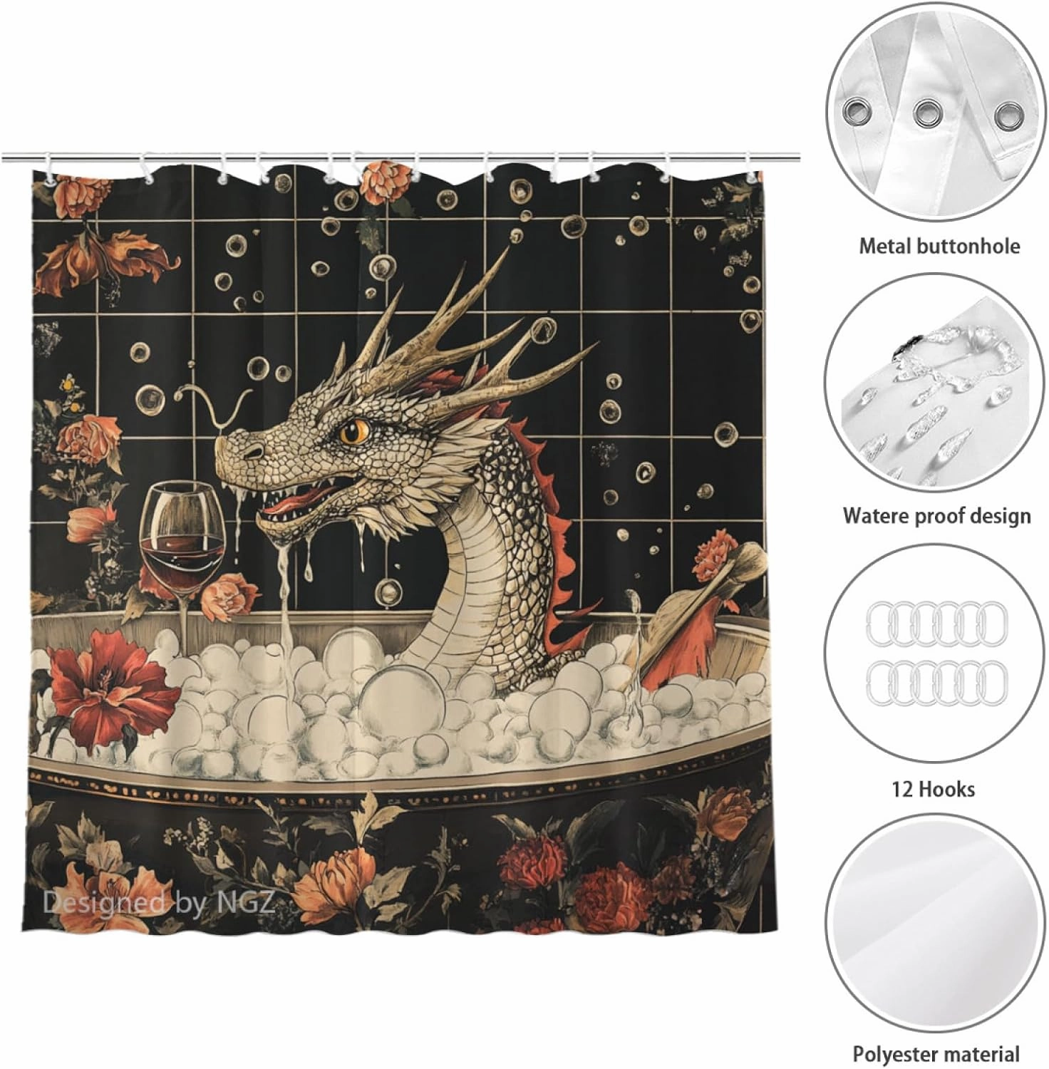 72x72 Inche Black Fabric Shower Curtain, Cute Dragon with Flowers Shower Curtains for Bathroom, SPA Bubble Bath Covered Bath Curtains Set with Hooks