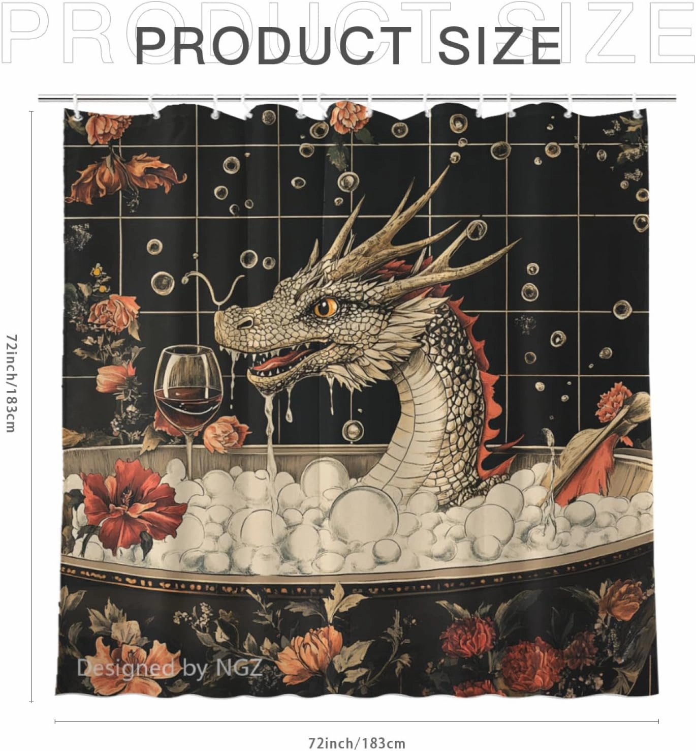 72x72 Inche Black Fabric Shower Curtain, Cute Dragon with Flowers Shower Curtains for Bathroom, SPA Bubble Bath Covered Bath Curtains Set with Hooks