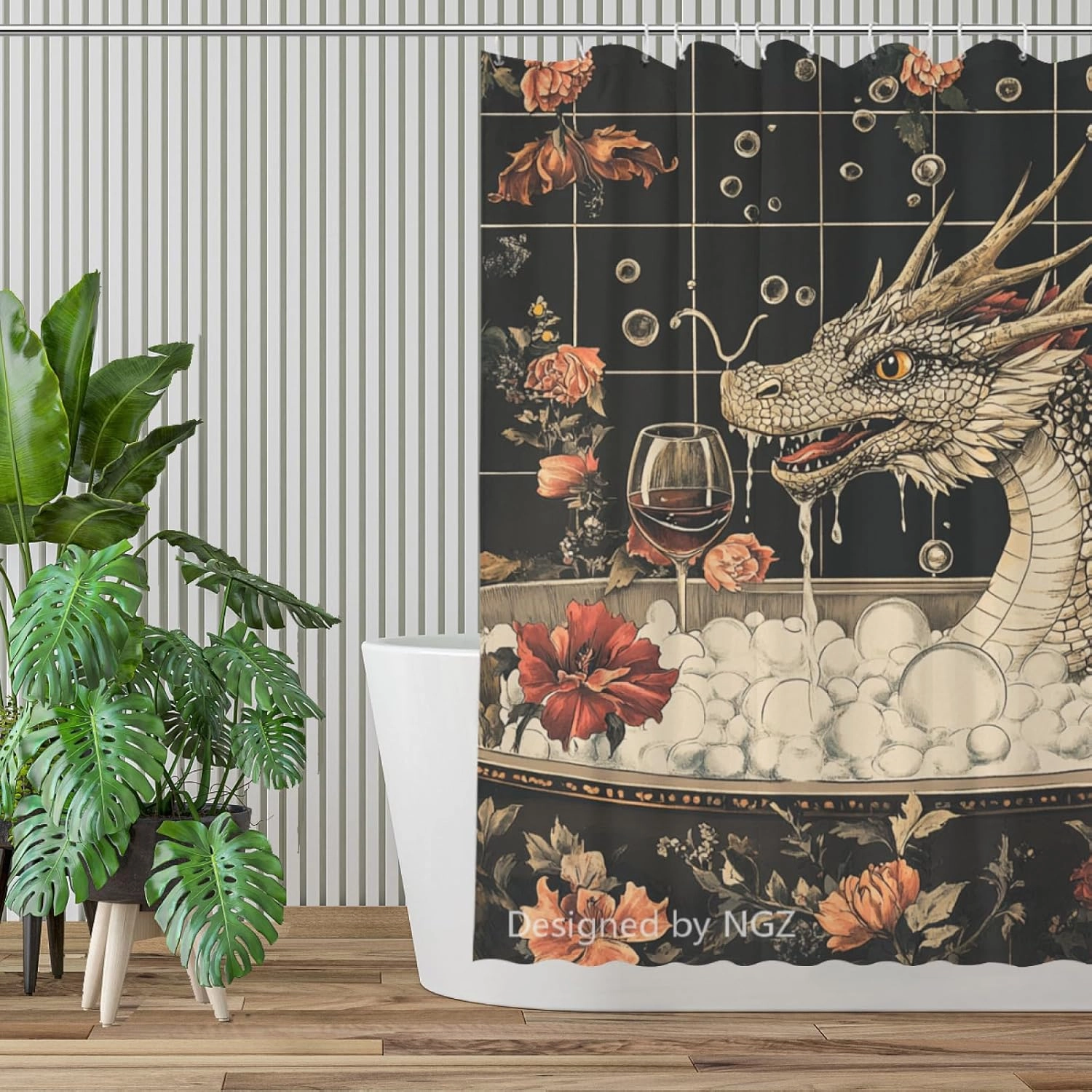 72x72 Inche Black Fabric Shower Curtain, Cute Dragon with Flowers Shower Curtains for Bathroom, SPA Bubble Bath Covered Bath Curtains Set with Hooks