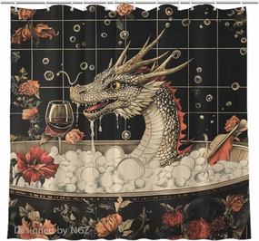72x72 Inche Black Fabric Shower Curtain, Cute Dragon with Flowers Shower Curtains for Bathroom, SPA Bubble Bath Covered Bath Curtains Set with Hooks