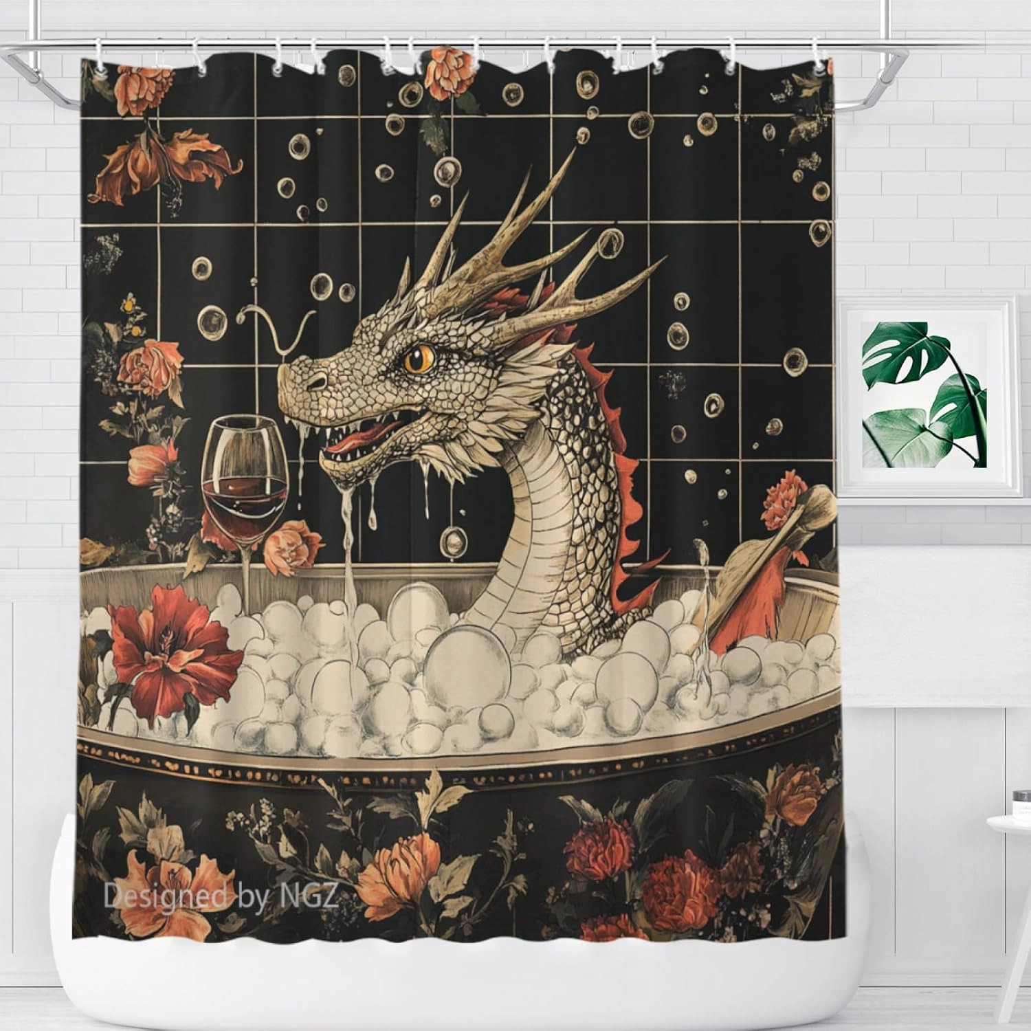 72x72 Inche Black Fabric Shower Curtain, Cute Dragon with Flowers Shower Curtains for Bathroom, SPA Bubble Bath Covered Bath Curtains Set with Hooks