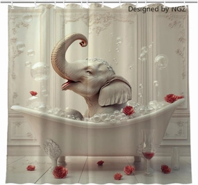 72x72 Inche White Fabric Shower Curtain, Cute Elephant with Flowers and Wine Shower Curtains for Bathroom, SPA Bubble Bath Covered Bath Curtains Set with Hooks