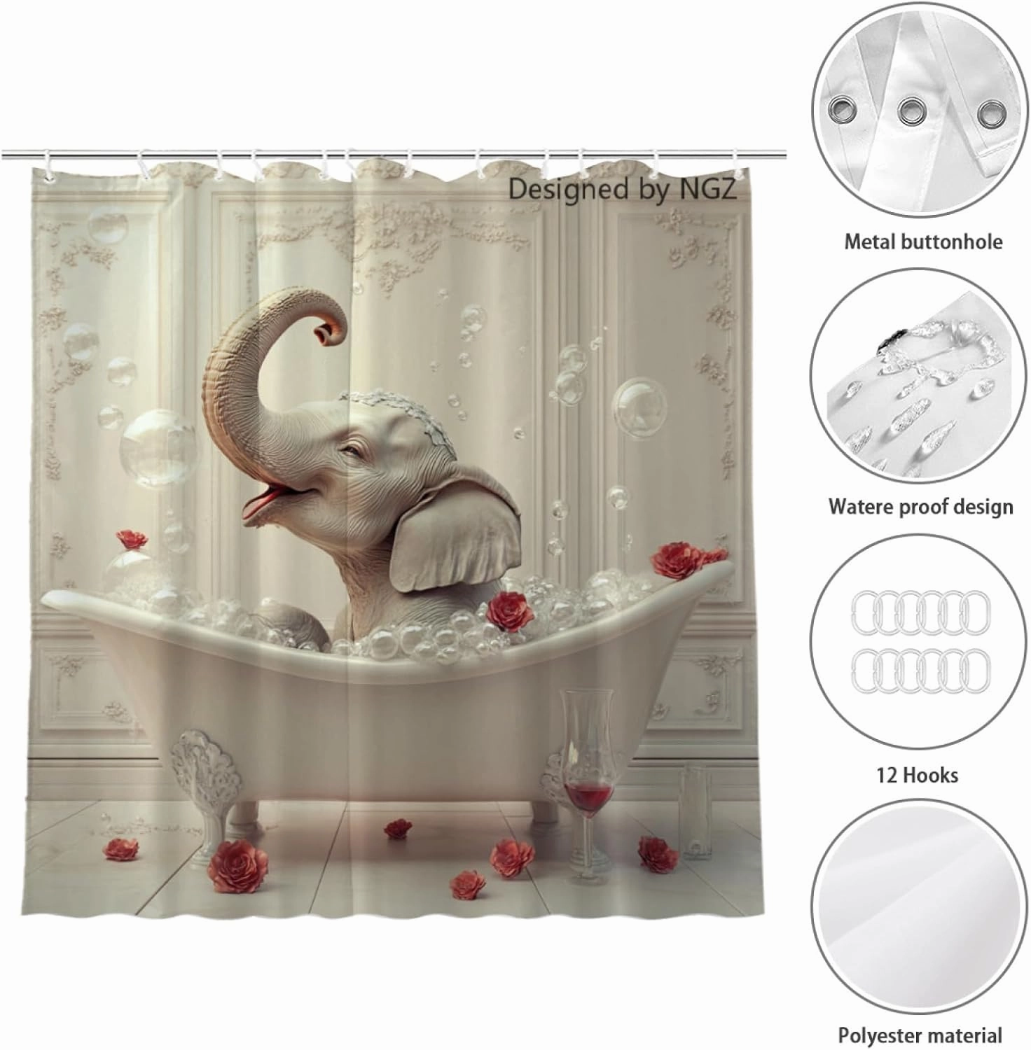72x72 Inche White Fabric Shower Curtain, Cute Elephant with Flowers and Wine Shower Curtains for Bathroom, SPA Bubble Bath Covered Bath Curtains Set with Hooks