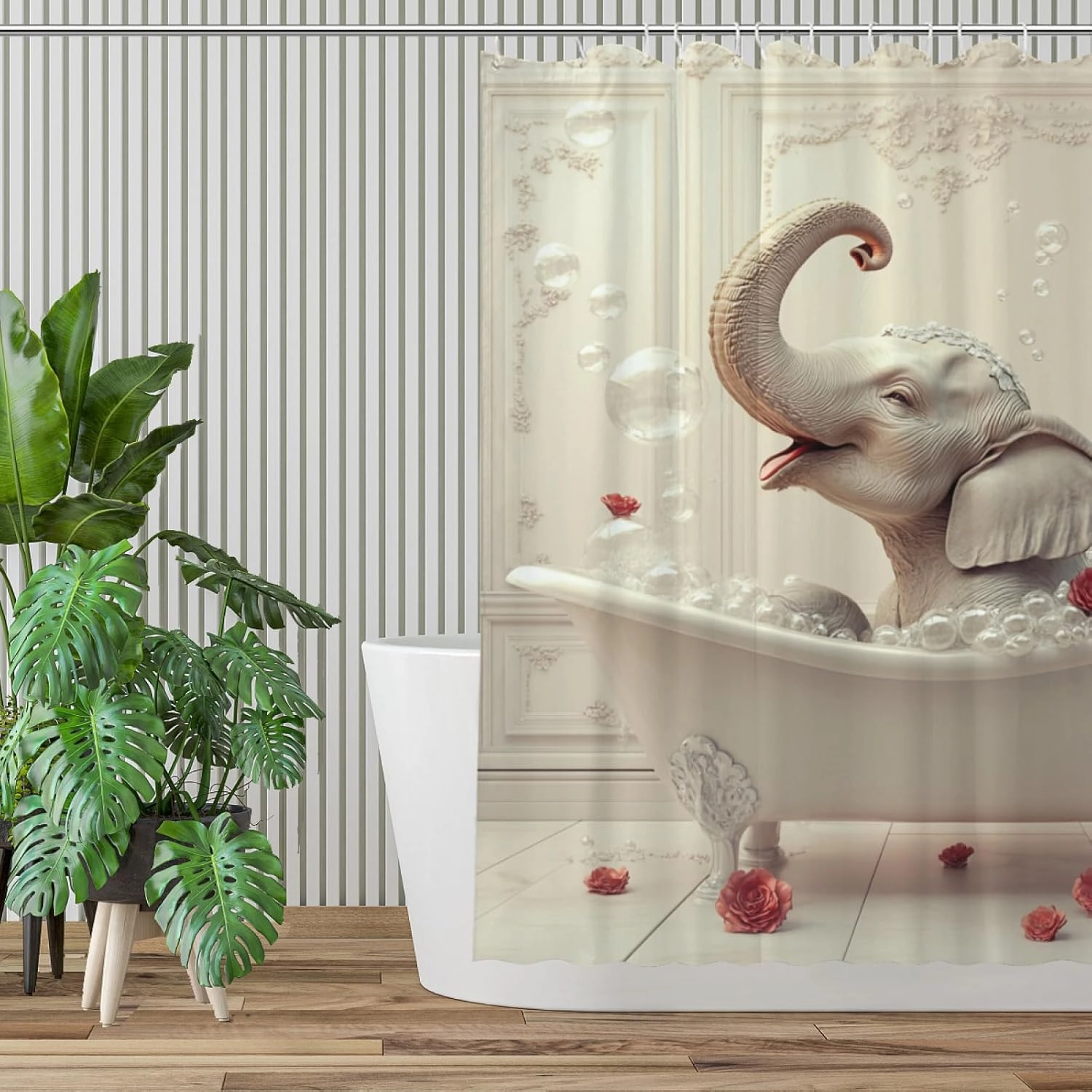 72x72 Inche White Fabric Shower Curtain, Cute Elephant with Flowers and Wine Shower Curtains for Bathroom, SPA Bubble Bath Covered Bath Curtains Set with Hooks