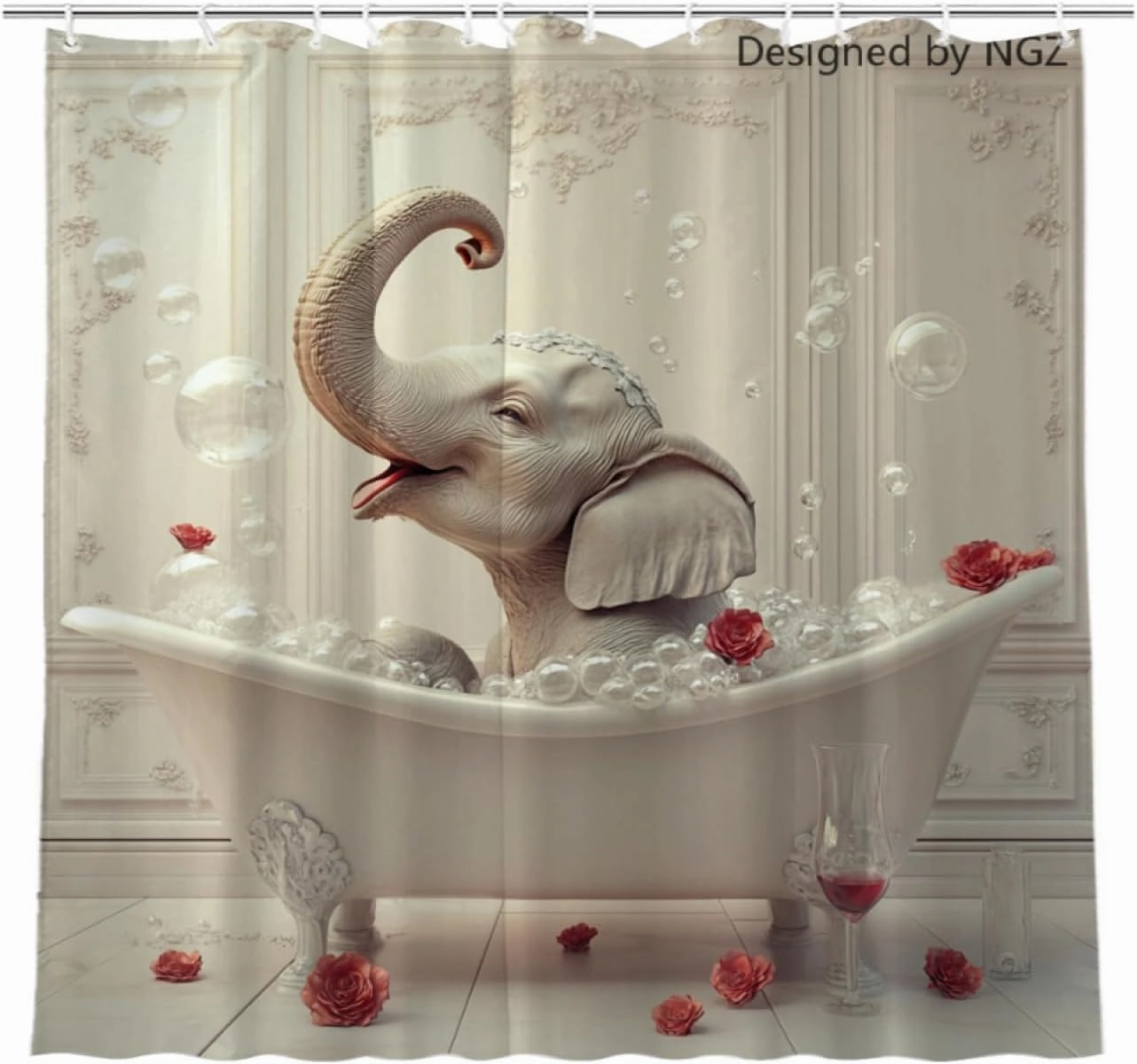 72x72 Inche White Fabric Shower Curtain, Cute Elephant with Flowers and Wine Shower Curtains for Bathroom, SPA Bubble Bath Covered Bath Curtains Set with Hooks