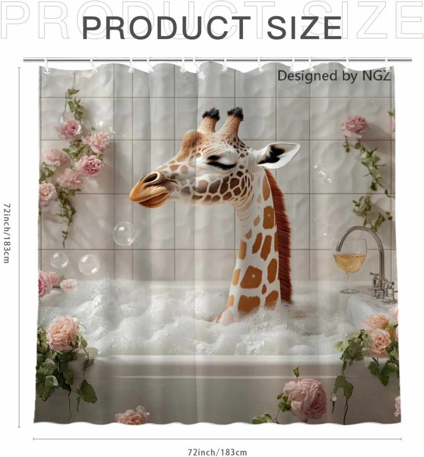 72x72 Inche White Fabric Shower Curtain, Cute Giraffe with Flowers and Wine Shower Curtains for Bathroom, SPA Bubble Bath Covered Bath Curtains Set with Hooks