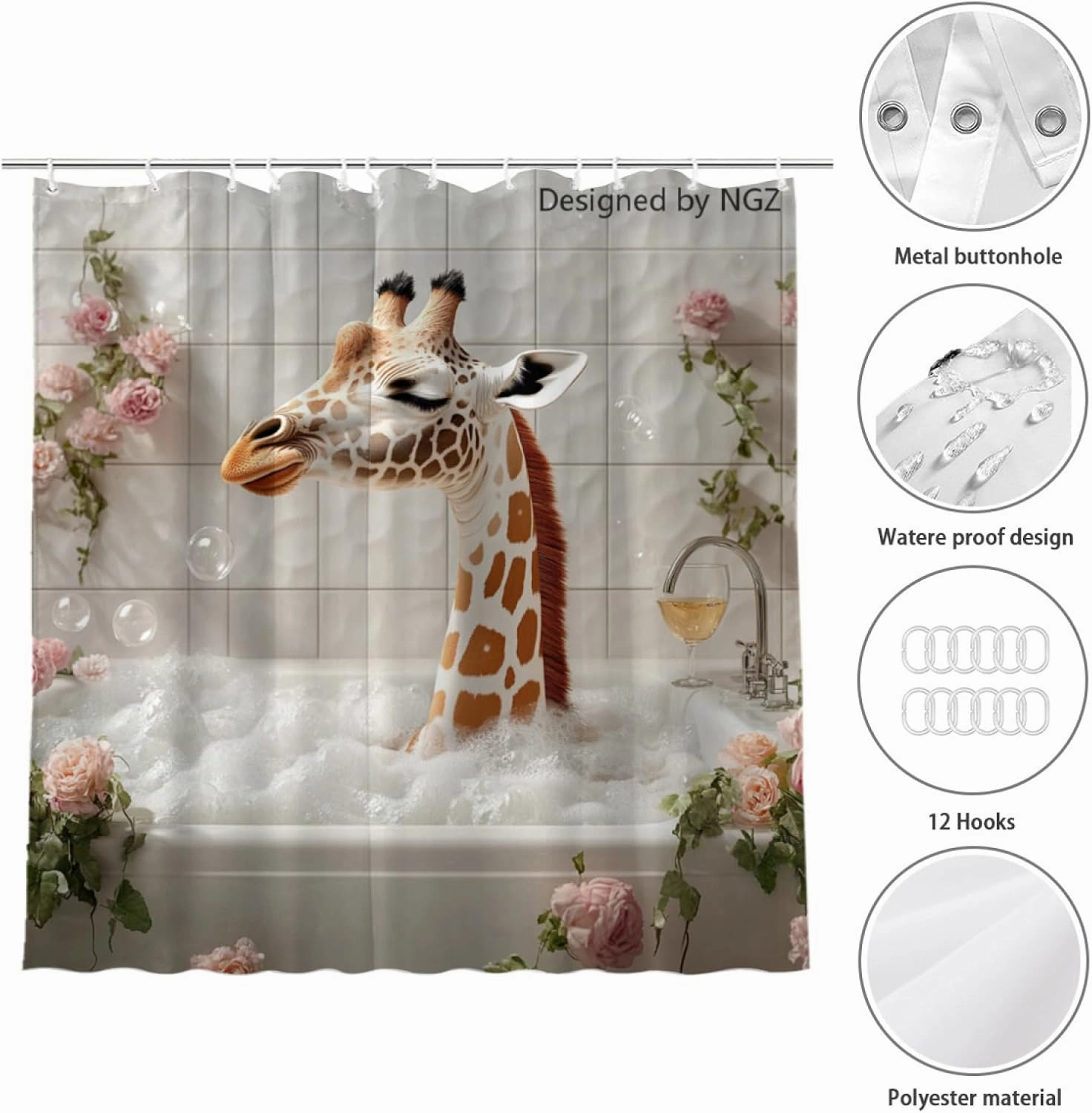 72x72 Inche White Fabric Shower Curtain, Cute Giraffe with Flowers and Wine Shower Curtains for Bathroom, SPA Bubble Bath Covered Bath Curtains Set with Hooks