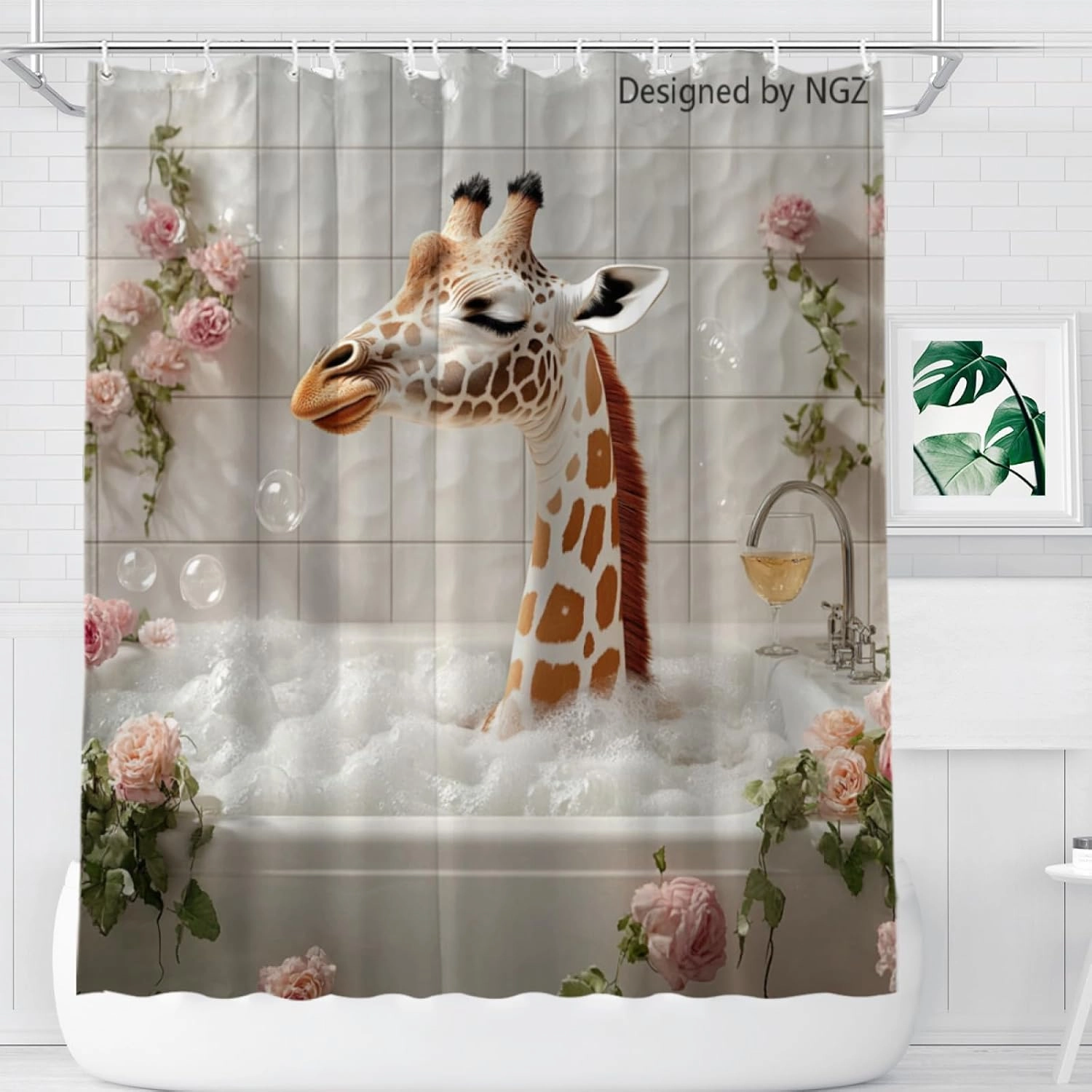 72x72 Inche White Fabric Shower Curtain, Cute Giraffe with Flowers and Wine Shower Curtains for Bathroom, SPA Bubble Bath Covered Bath Curtains Set with Hooks