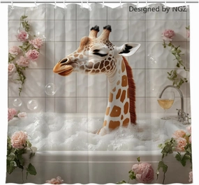 72x72 Inche White Fabric Shower Curtain, Cute Giraffe with Flowers and Wine Shower Curtains for Bathroom, SPA Bubble Bath Covered Bath Curtains Set with Hooks