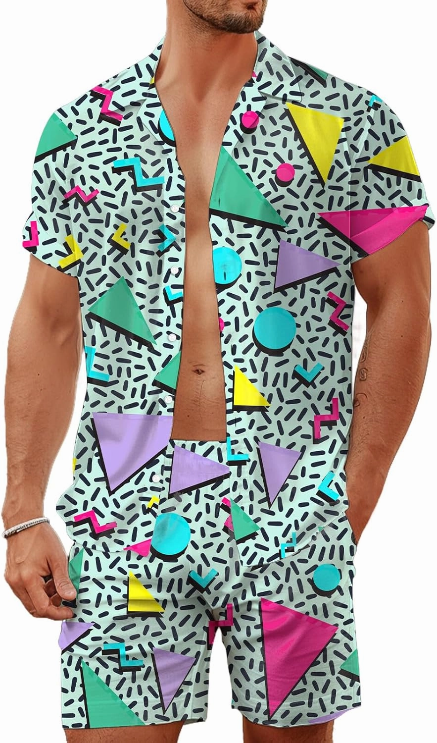 80s 90s Men's Hawaiian Outfits 2 Piece Shirt and Shorts Sets Button Down Beach Suits Disco Party