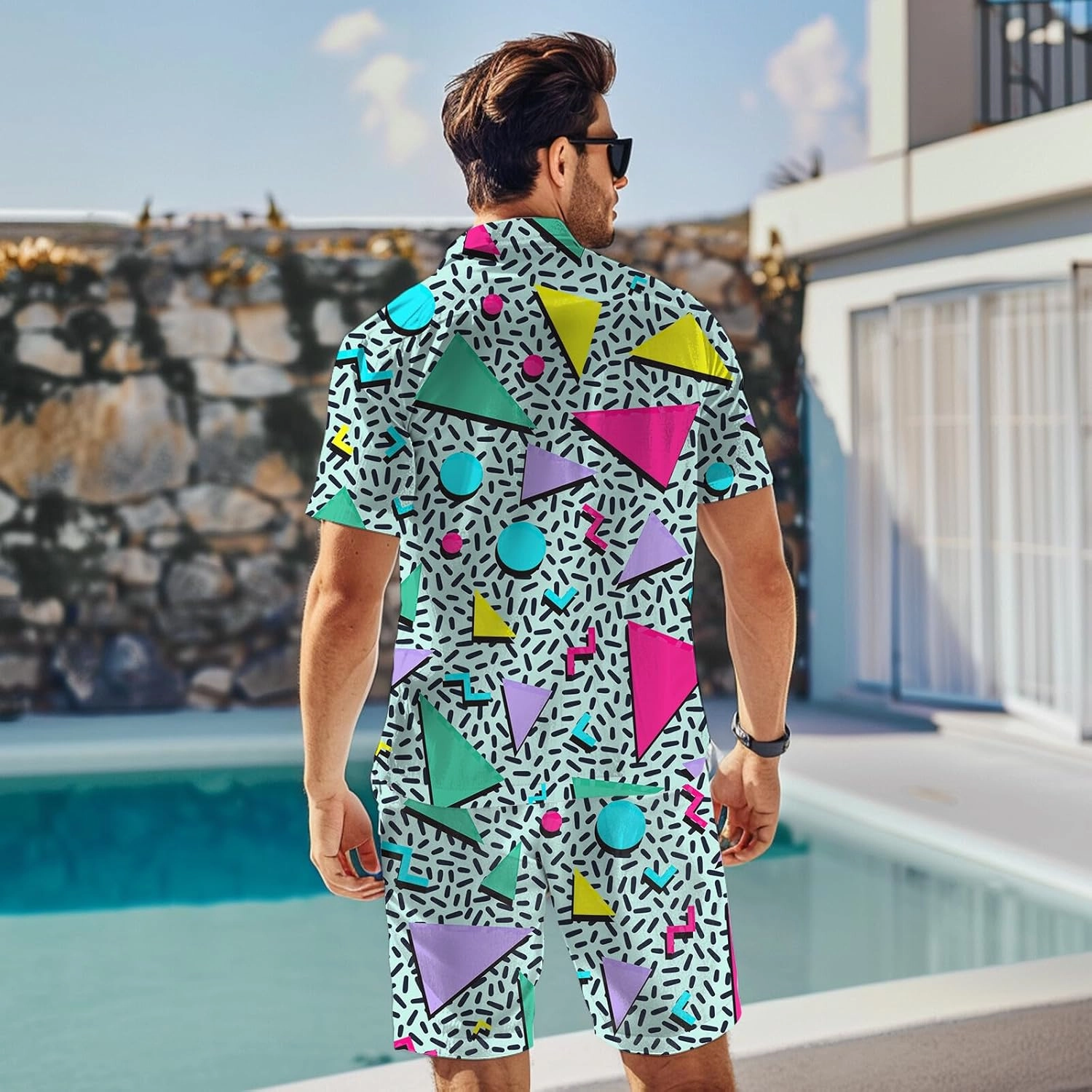 80s 90s Men's Hawaiian Outfits 2 Piece Shirt and Shorts Sets Button Down Beach Suits Disco Party