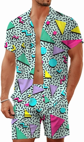 80s 90s Men's Hawaiian Outfits 2 Piece Shirt and Shorts Sets Button Down Beach Suits Disco Party