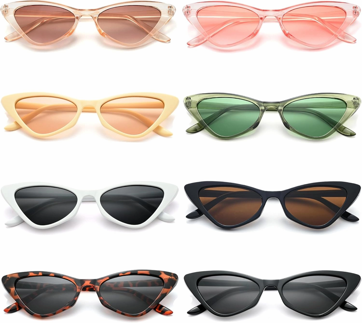 8 Pack Retro Cat Eye Sunglasses Vintage Narrow Cateye Neon Party Glasses Bulk for Women