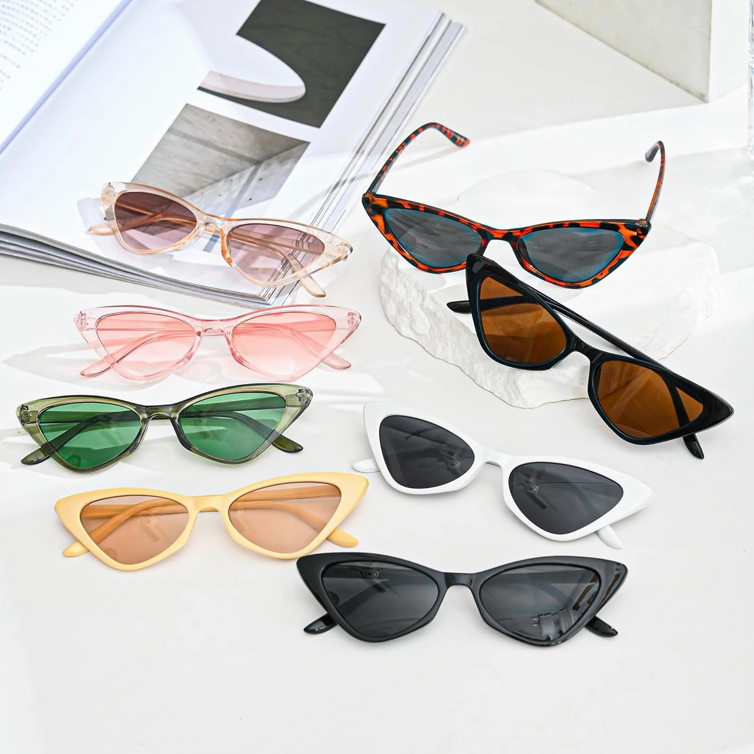 8 Pack Retro Cat Eye Sunglasses Vintage Narrow Cateye Neon Party Glasses Bulk for Women