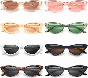 8 Pack Retro Cat Eye Sunglasses Vintage Narrow Cateye Neon Party Glasses Bulk for Women