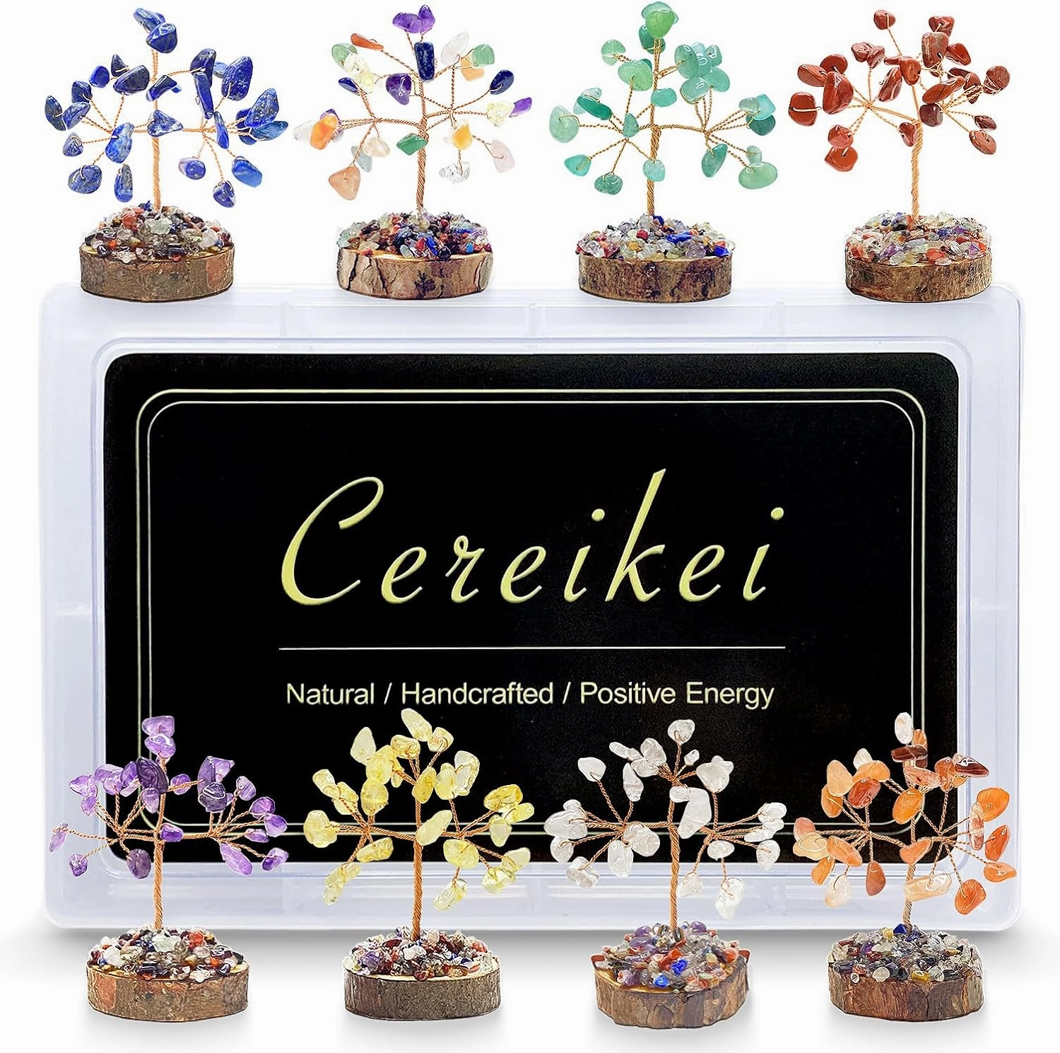 8 Pcs Crystal Tree of Life Set, Mini 7 Chakra Healing Crystals Trees, Positive Energy Tree for Home and Office Desk Décor, Handcrafted Natural Stones Tree with Info Guide, Good Luck Present
