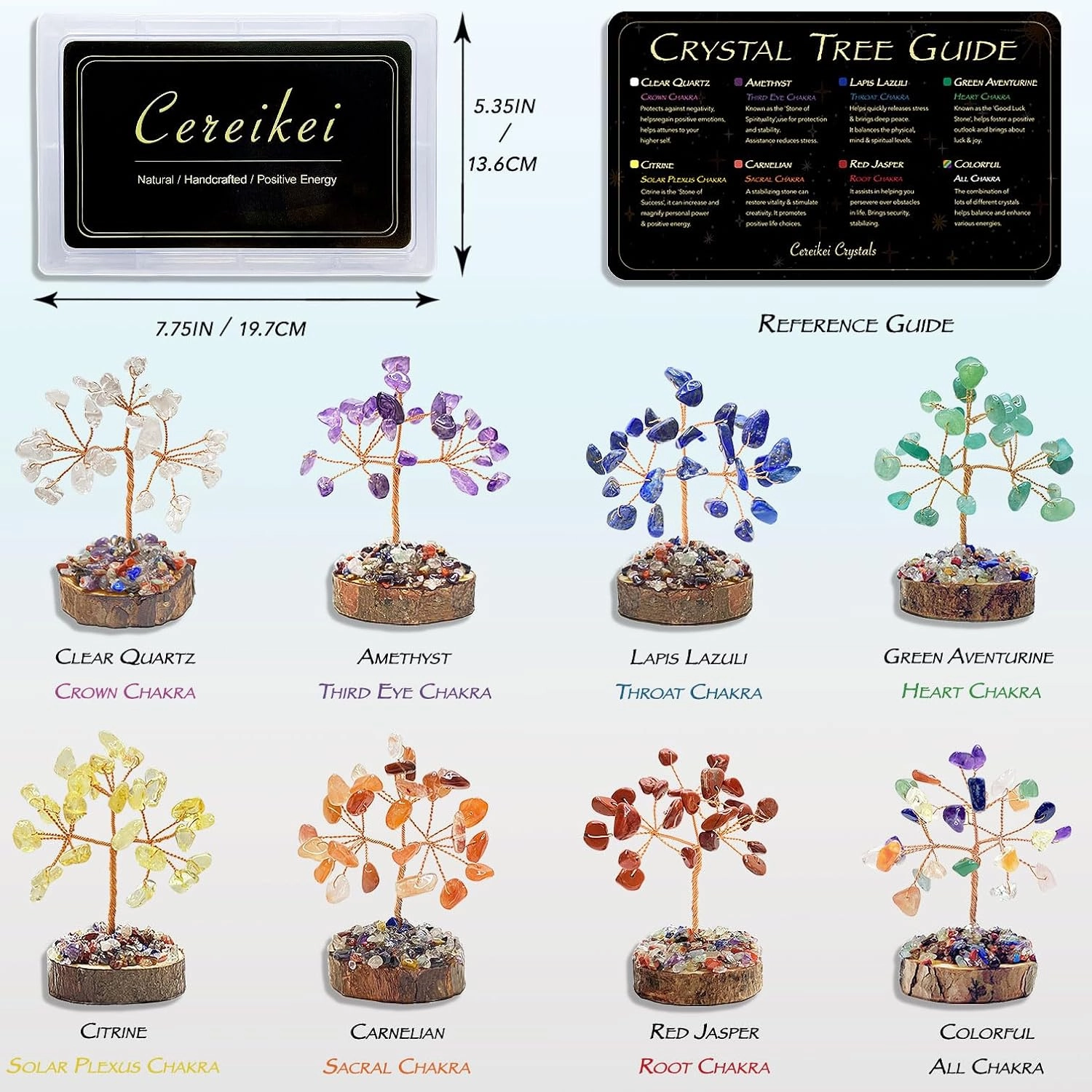 8 Pcs Crystal Tree of Life Set, Mini 7 Chakra Healing Crystals Trees, Positive Energy Tree for Home and Office Desk Décor, Handcrafted Natural Stones Tree with Info Guide, Good Luck Present