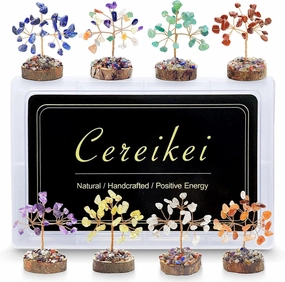 8 Pcs Crystal Tree of Life Set, Mini 7 Chakra Healing Crystals Trees, Positive Energy Tree for Home and Office Desk Décor, Handcrafted Natural Stones Tree with Info Guide, Good Luck Present