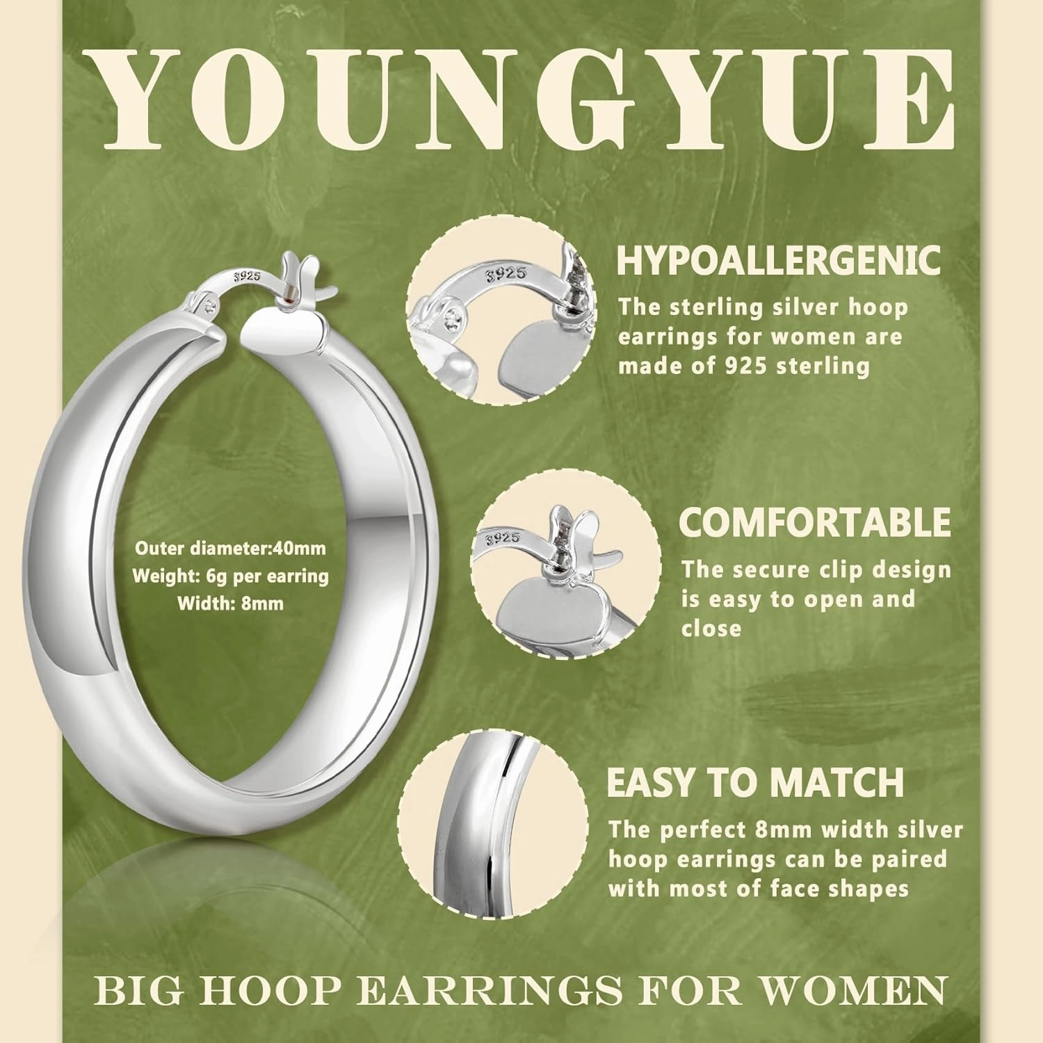 8mm Wide Chunky Gold Hoops 14K Real Gold Plated Hypoallergenic 925 Sterling Silver Hoops Lightweight Big Gold Hoop Earrings for Women 30/40/50/60mm