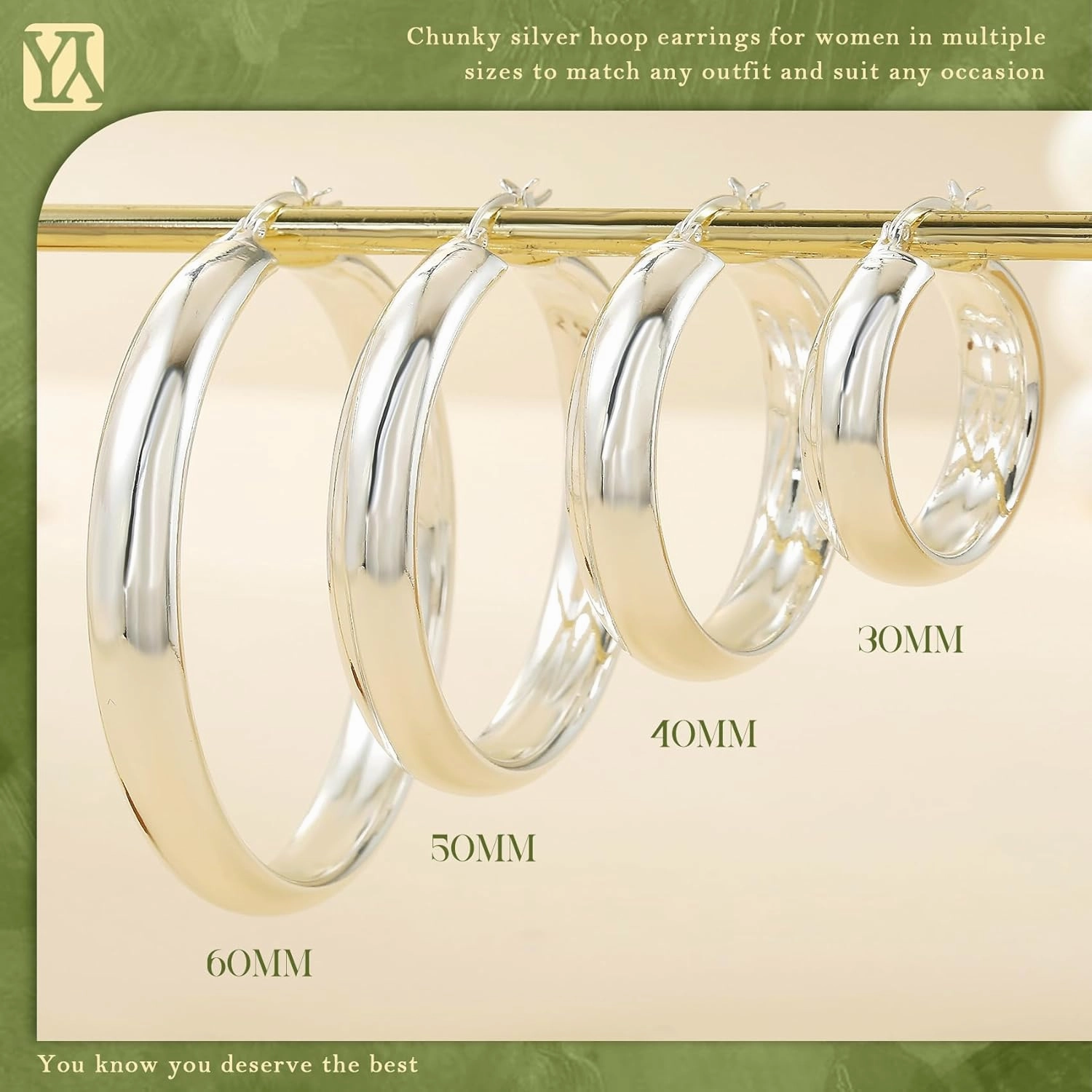 8mm Wide Chunky Gold Hoops 14K Real Gold Plated Hypoallergenic 925 Sterling Silver Hoops Lightweight Big Gold Hoop Earrings for Women 30/40/50/60mm