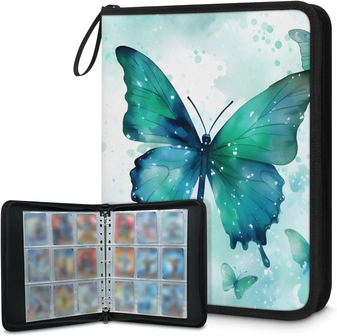 9 Pocket Card Binder, Watercolor Butterfly 900 Pockets Collector Album with Zipper Trading Card Binder, Oil Painting Butterfly Double Sided Pocket Collection Binder