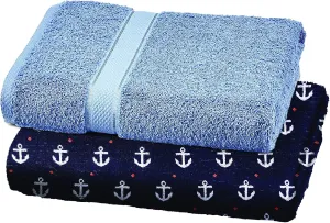 ABSTRACT Solid Luxurious Bath Towels – 100% Natural Cotton Towel Set – Super Absorbent Towels for Bathroom – 27” x 54” Chambray Blue and 29" x 54" Jacquard Anchor Design – 2 Pack
