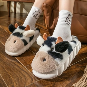 Adult Cotton Slippers Cow Slippers Women's Warm Plush Slippers Animal Slippers Men's Indoor Home and Outdoor Shoes for Winter Warmth