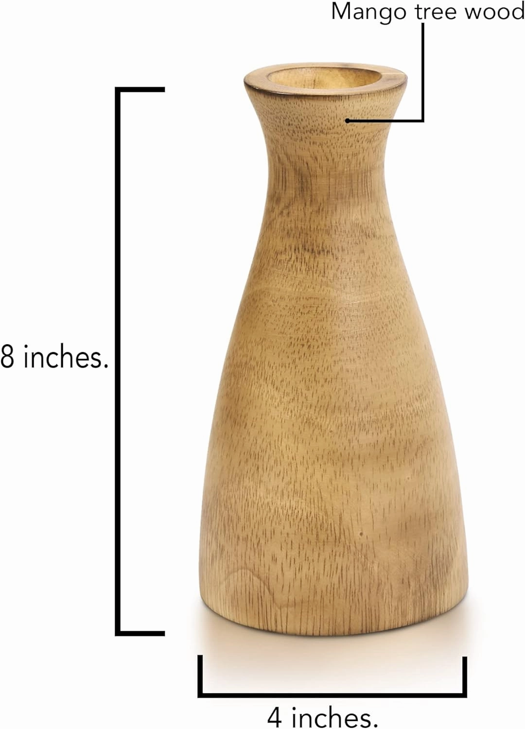 AeraVida Natural Brown Stain Mango Tree Wood Bottle Shaped Slim Vase for Flower, 8 inches (Light Brown Style 2)