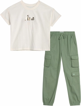 AEROPOSTALE Girls' Pants Set - 2 Piece Jersey Graphic Tee and Twill Cargo Jogger Pants - Summer Outfit for Girls (7-16)