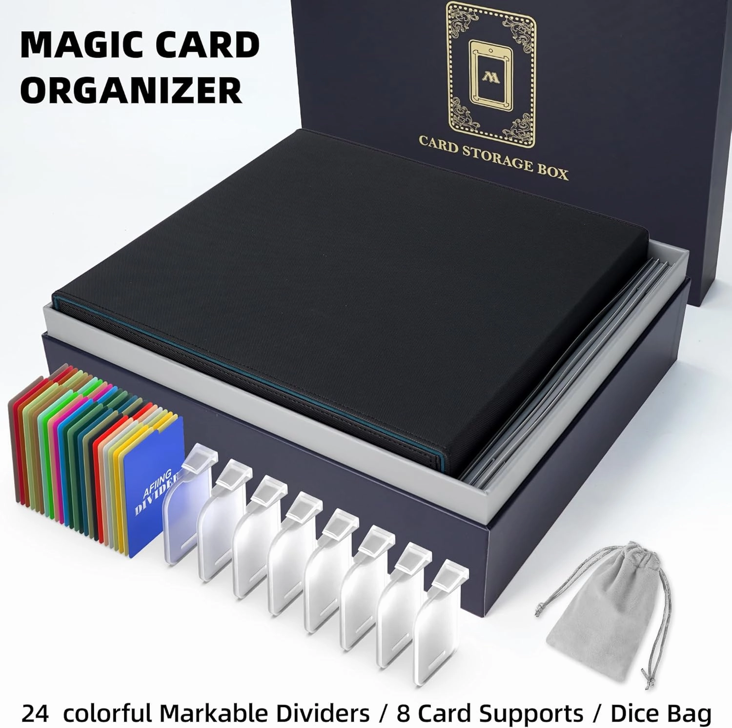 AFIING Trading Card Storage Box 6000  Capacity – DIY Toploader Case w/ 24 Dividers & 8 Supports, Fits 3x4 Rigid Card,Deck Box for MTG TCG Sports Cards– Black & Cyan