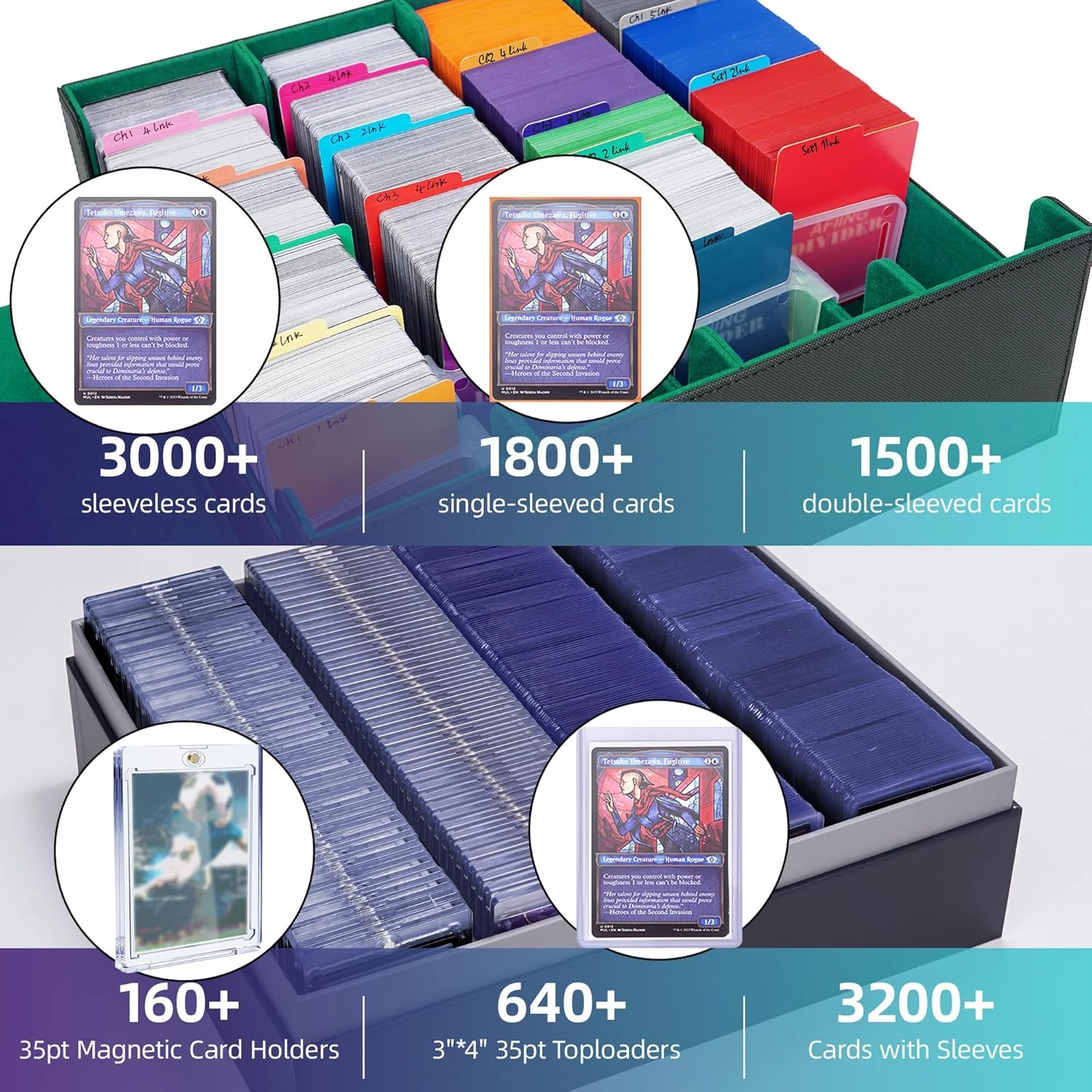 AFIING Trading Card Storage Box 6000  Capacity – DIY Toploader Case w/ 24 Dividers & 8 Supports, Fits 3x4 Rigid Card,Deck Box for MTG TCG Sports Cards– Black & Cyan