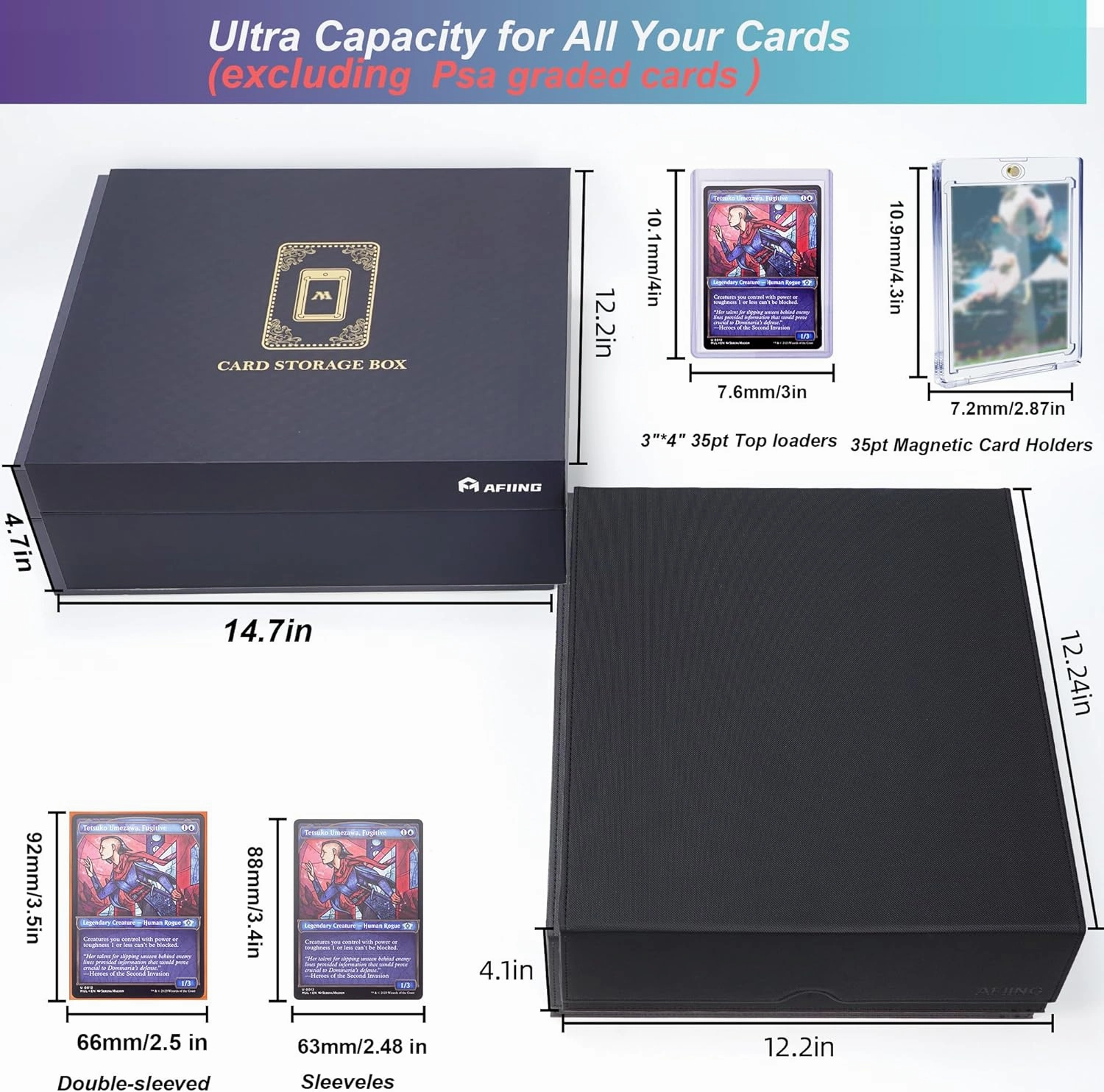 AFIING Trading Card Storage Box 6000  Capacity – DIY Toploader Case w/ 24 Dividers & 8 Supports, Fits 3x4 Rigid Card,Deck Box for MTG TCG Sports Cards– Black & Cyan