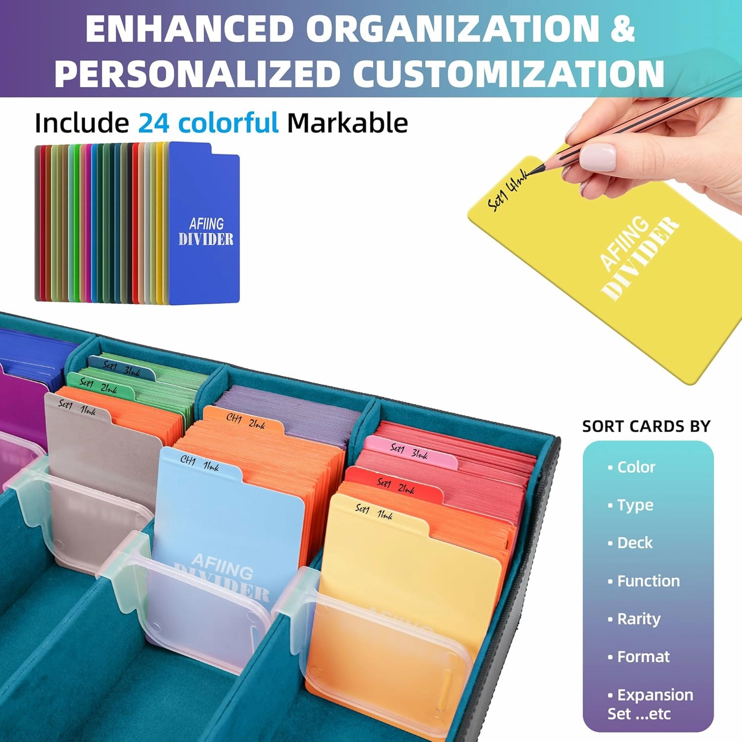 AFIING Trading Card Storage Box 6000  Capacity – DIY Toploader Case w/ 24 Dividers & 8 Supports, Fits 3x4 Rigid Card,Deck Box for MTG TCG Sports Cards– Black & Cyan