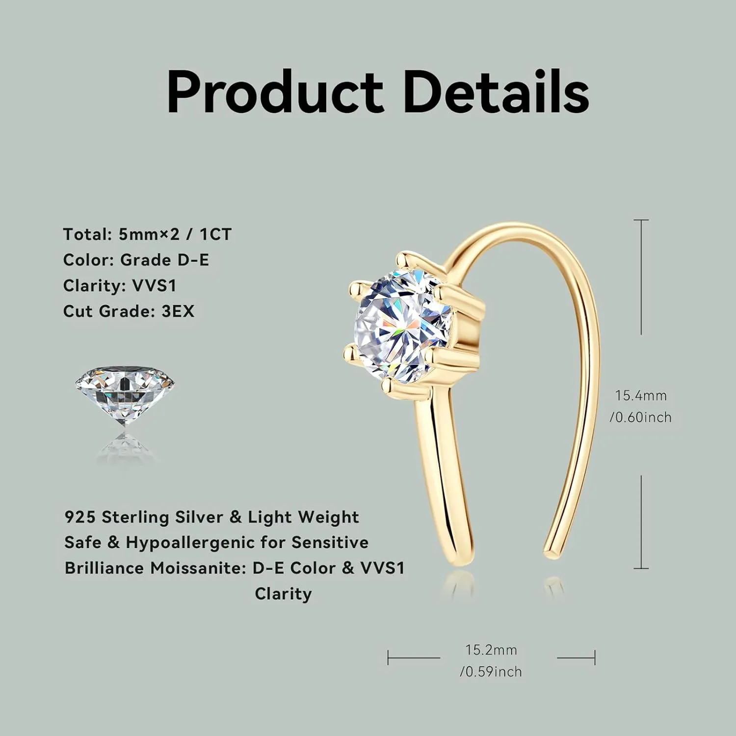 AINUOSHI Moissanite Hoop Earrings for Women, Yellow/ White Gold VVS1 Clarity Minimalist Tiny Cartilage Hoops Earrings 925 Sterling Silver Small Open Huggie Earrings Hypoallergenic with Jewelry Box Packed