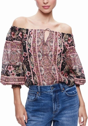 alice   olivia Alta Off-The-Shoulder Silk-Blend Top