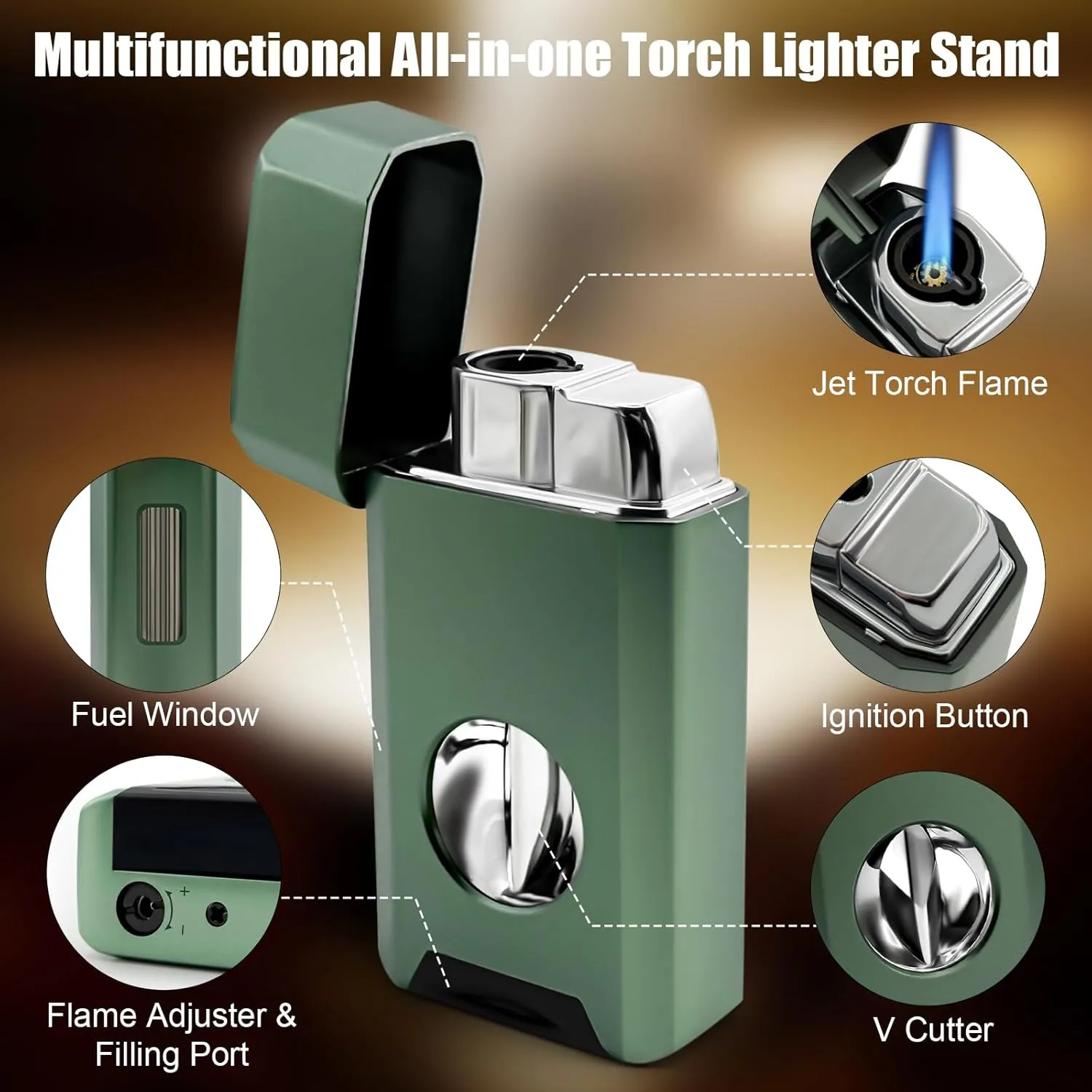All-in-One Torch Lighter, Built-in Cutter, Holder Function, Jet Flame Butane Refillable Lighter, Gifts for Men, Adjustable Flame, Windproof Multifunctional Lighter(Without Gas)