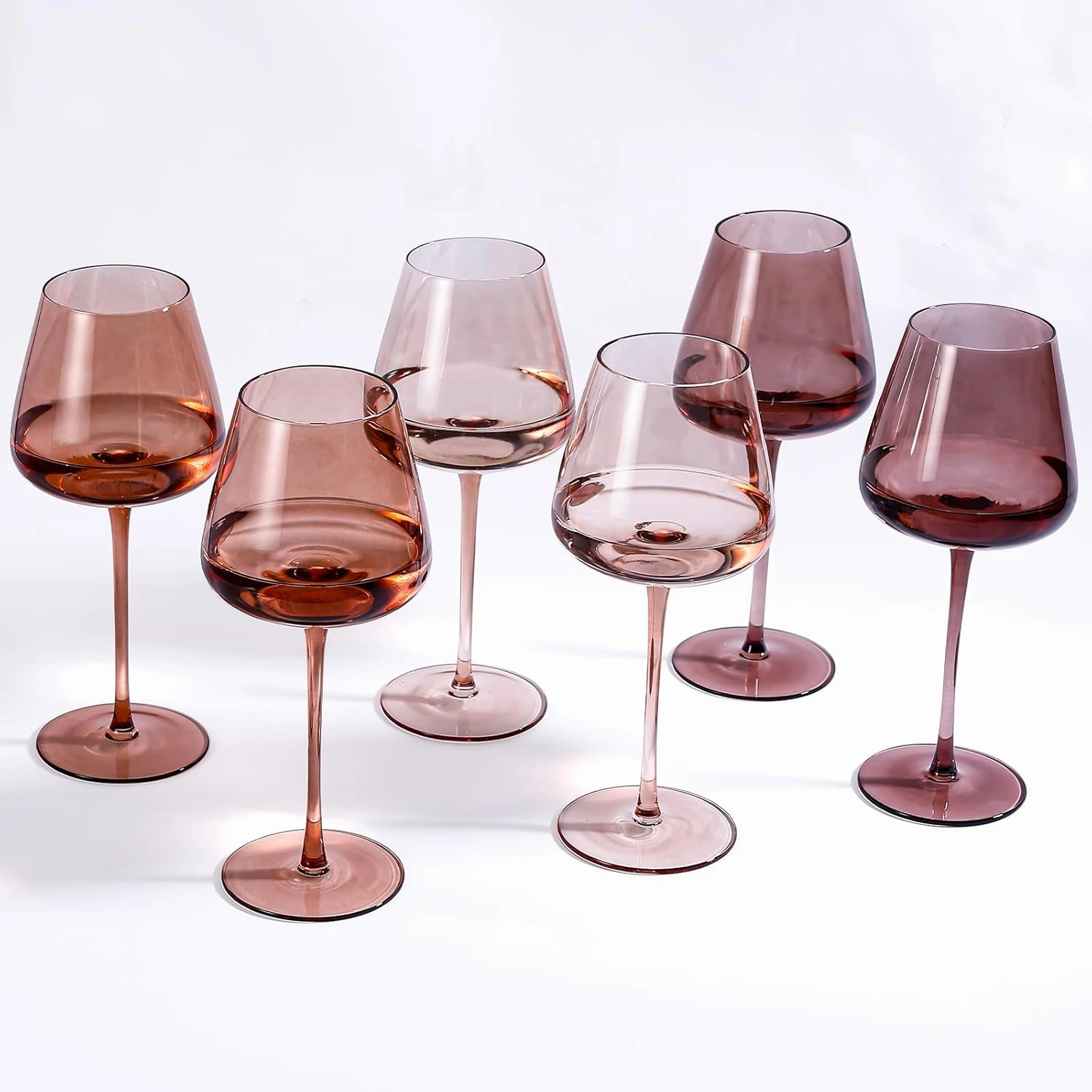 Amber Wine Glasses Set of 6, Hand Blown Colored Wine Glass 18oz, Lead-Free Premium Crystal Glass, Long Stem Brown Wine Glasses, Daily Use, Wedding Anniversary or Birthday Gift, Venus