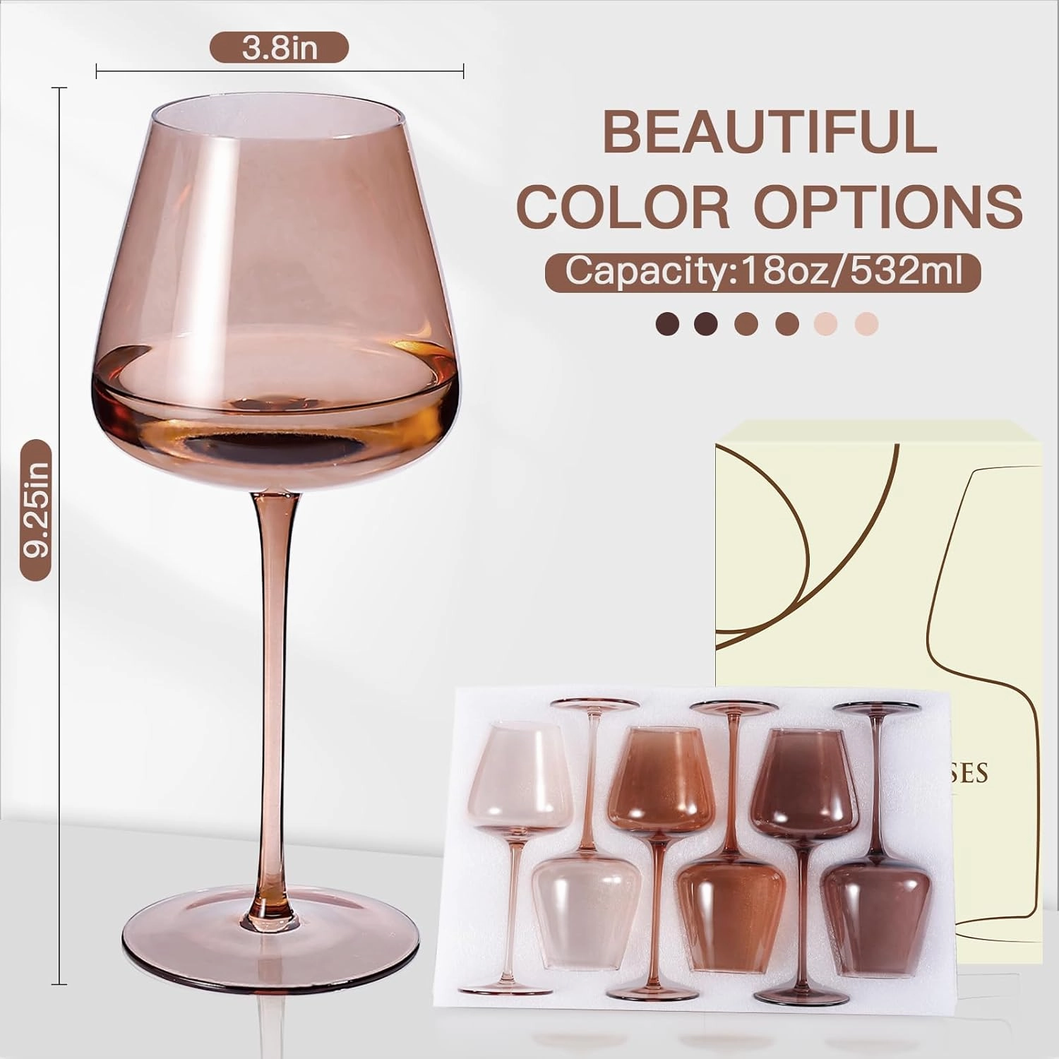 Amber Wine Glasses Set of 6, Hand Blown Colored Wine Glass 18oz, Lead-Free Premium Crystal Glass, Long Stem Brown Wine Glasses, Daily Use, Wedding Anniversary or Birthday Gift, Venus