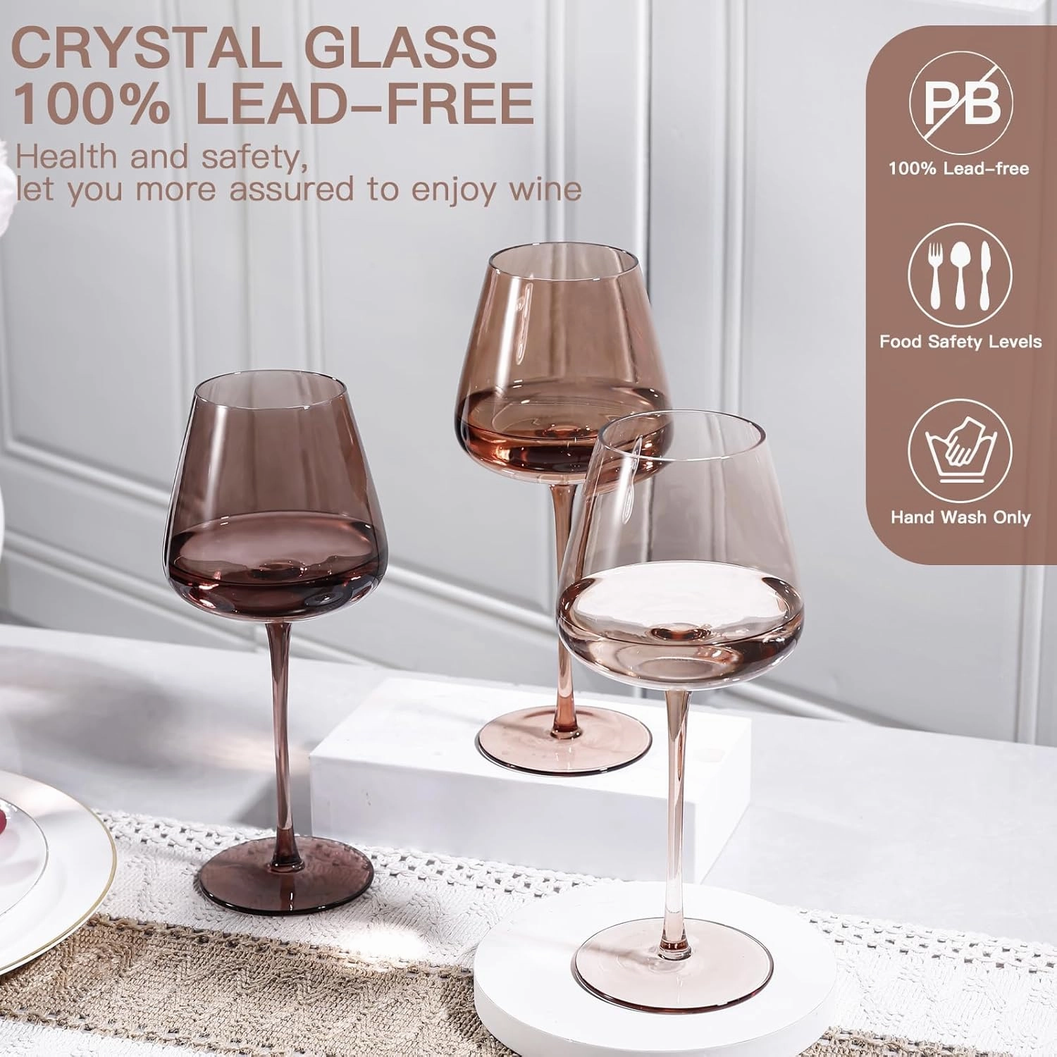Amber Wine Glasses Set of 6, Hand Blown Colored Wine Glass 18oz, Lead-Free Premium Crystal Glass, Long Stem Brown Wine Glasses, Daily Use, Wedding Anniversary or Birthday Gift, Venus
