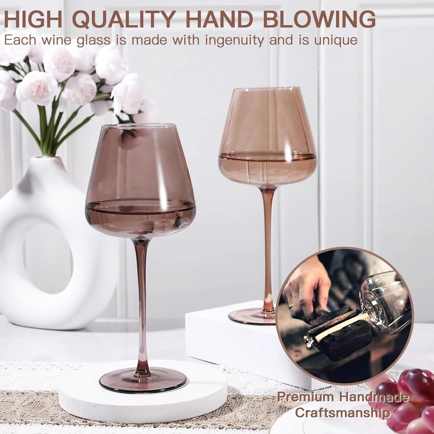Amber Wine Glasses Set of 6, Hand Blown Colored Wine Glass 18oz, Lead-Free Premium Crystal Glass, Long Stem Brown Wine Glasses, Daily Use, Wedding Anniversary or Birthday Gift, Venus