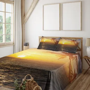 Ambesonne Beach Sheet Set, Palm Trees in Tropical Island Beach Jumping Fishes and Majestic Sunset Image, Fitted and Flat Sheet with Pillowcases Bedding Accent 4 Piece Set, King, Yellow Bluegrey